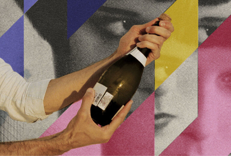 Man's hand holding a bottle of alcohol over a backdrop of colorful tessellated retro images