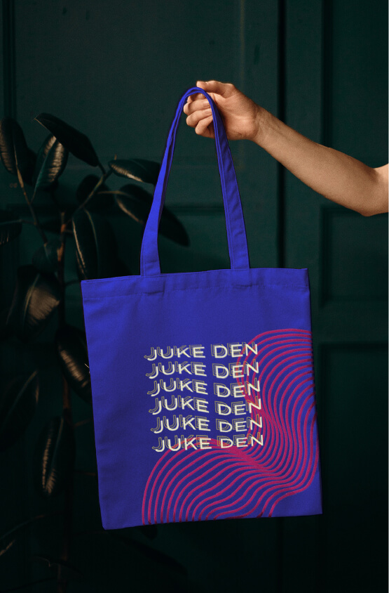 Royal blue tote bag with the words 